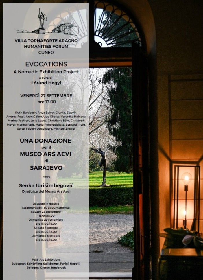 A Cuneo, il 27 settembre, sarà presentata la mostra «EVOCATIONS» a Villa Tornaforte Aragno, nella sede dell’Aragno Humanities Forum