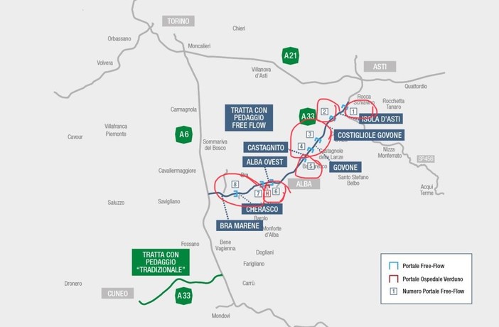 Il tracciato dell'autostrada A33 Cuneo-Asti