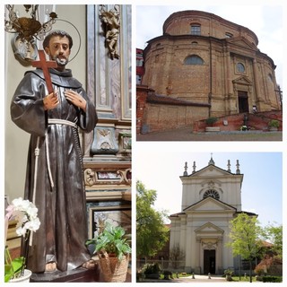La chiesa di Santa Maria degli Angeli e quella delle Clarisse dove si trova la statua di San Francesco, a Bra