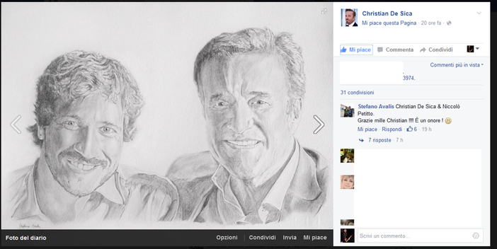 L’attore Christian De Sica pubblica un ritratto di Stefano Avalis di Manta sul suo profilo Facebook: 4.000 like in 24 ore