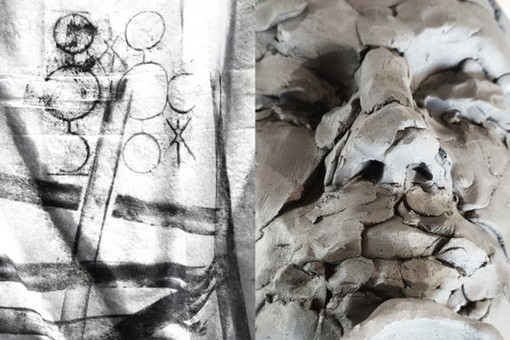 A sinistra: dettaglio Anima Raccolta II, Martina Gagliardi. A destra: dettaglio Custodi d’acqua, Cristina Saimandi.