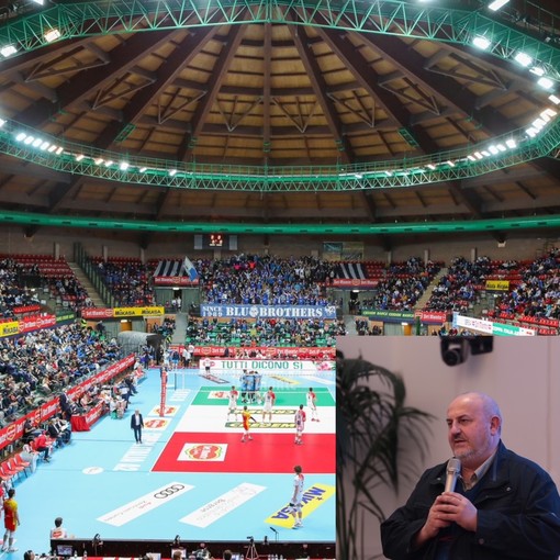 Il totale del palasport di Cuneo durante la Finale promozione del 2022. Nel riquadro: Valter Fantino. Nella foto a centro pagina: Fantino presente all'inaugurazione della foresteria di Cuneo Volley