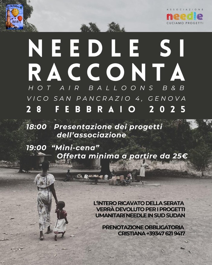 A Genova la presentazione dei progetti di Needle, associazione che aiuta il Sud Sudan