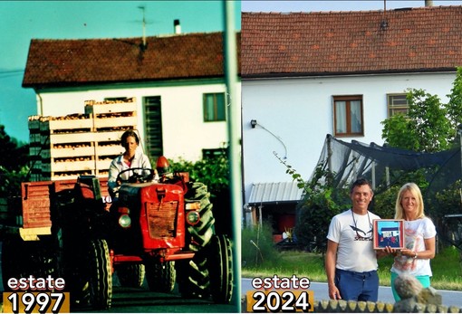 A sinistra Emanuela Barra immortalata 27 anni fa sul suo trattore da Davide Giordano e i due nello stesso luogo dello scatto
