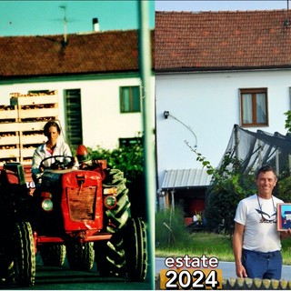 A sinistra Emanuela Barra immortalata 27 anni fa sul suo trattore da Davide Giordano e i due nello stesso luogo dello scatto