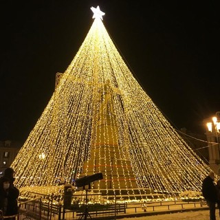 Il grande albero in piazza Galimberti, acceso la sera dell'8 dicembre 2021