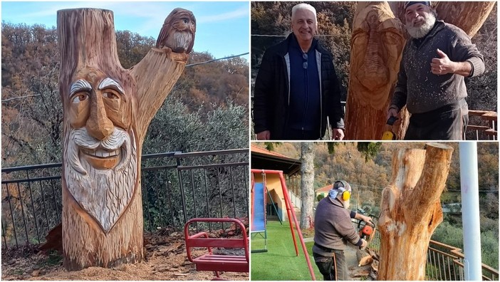 La scultura di legno di &quot;Barba Brisiu&quot; riporta in vita il cedro di Poggialto come &quot;spirito dei boschi&quot;