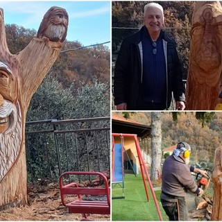 La scultura di legno di &quot;Barba Brisiu&quot; riporta in vita il cedro di Poggialto come &quot;spirito dei boschi&quot;