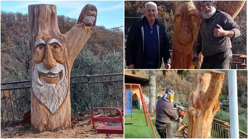 La scultura di legno di &quot;Barba Brisiu&quot; riporta in vita il cedro di Poggialto come &quot;spirito dei boschi&quot;