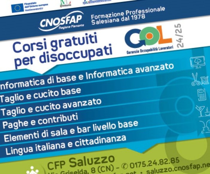 Sono aperte le iscrizioni ai corsi di qualifica, riqualifica ed aggiornamento per adulti disoccupati al Cnos Fap  di Saluzzo