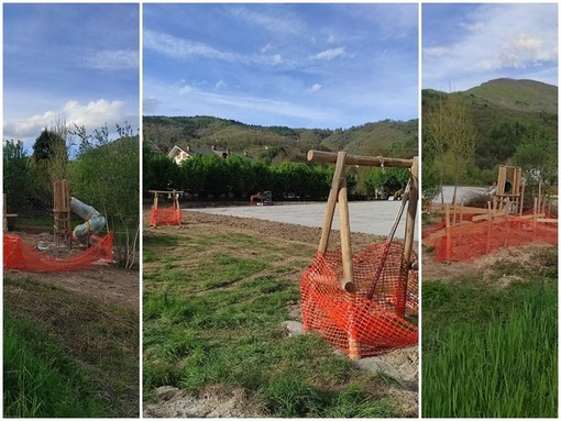 Lavori in corso in via dei Rerrovieri a Robilante per la realizzazione di un parco giochi con percorso avventura