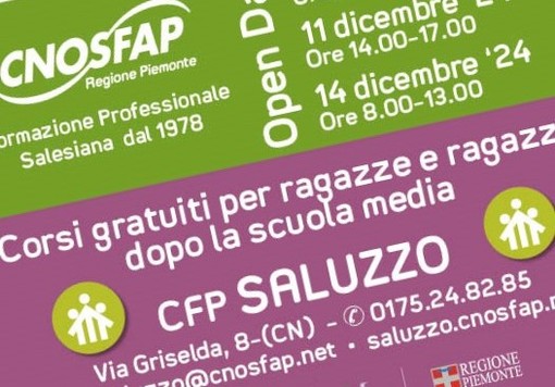 L’11 e 14 dicembre proseguono gli Open Day di Cnos Fap a Saluzzo per i corsi gratuiti rivolti ai giovani 12/24 anni