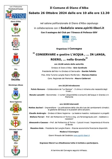 Diano d'Alba ospita il convegno &quot;Conservare e gestire l'acqua... in Langa, Roero... nella Granda&quot;