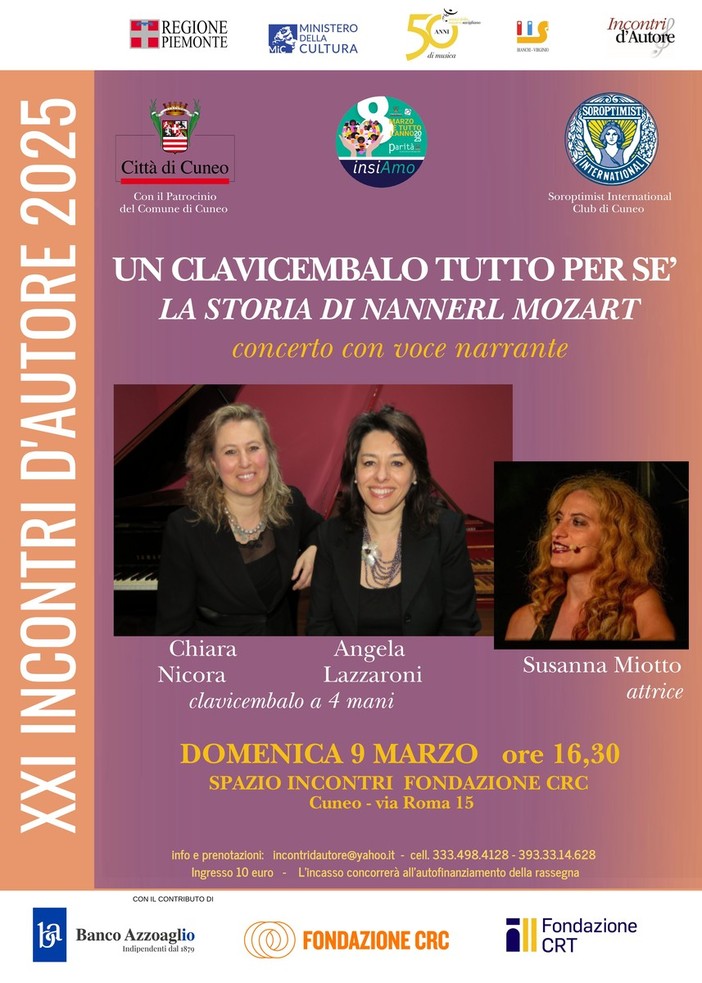 A Cuneo concerto con voce narrante domenica 9 marzo per la Festa della donna su proposta del Soroptimist club