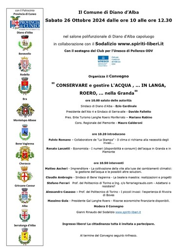 “CONSERVARE e gestire l’ACQUA , ... IN LANGA, ROERO, ... nella Granda” , tutto pronto per il convegno a Diano d’Alba