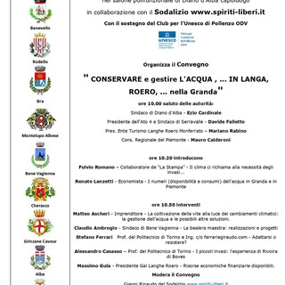 “CONSERVARE e gestire l’ACQUA , ... IN LANGA, ROERO, ... nella Granda” , tutto pronto per il convegno a Diano d’Alba