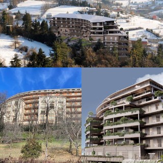 In alto il prospetto del nuovo edificio. In basso la Madonnina oggi e il rendering del progetto