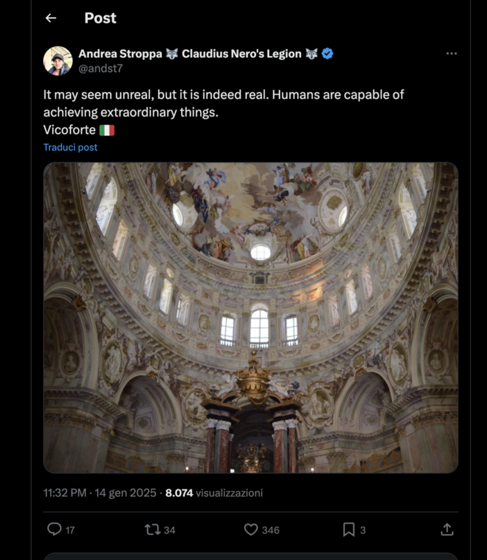 Il Santuario di Vicoforte in un tweet di Andrea Stroppa, referente italiano di Elon Musk