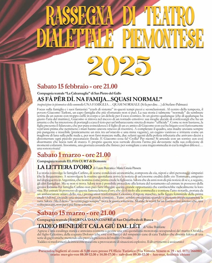 Rassegna di teatro piemontese a Borgo San Dalmazzo: tre appuntamenti di commedia dialettale nel 2025